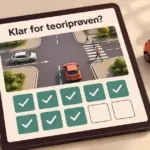 Teoritentamen bil – 10 spørsmål du bør klare Illustrasjon av en teoriquiz på et nettbrett med en trafikksituasjon og åtte av ti ruter krysset av, ved siden av en modellbil og en bilnøkkel.