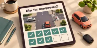 Teoritentamen bil – 10 spørsmål du bør klare Illustrasjon av en teoriquiz på et nettbrett med en trafikksituasjon og åtte av ti ruter krysset av, ved siden av en modellbil og en bilnøkkel.