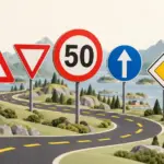 Trafikkskilt i Norge: slik forstår du alle skiltgruppene Illustrasjon av fareskilt, vikepliktskilt, fartsgrense 50, påbudt kjøreretning, forkjørsvei og parkeringsskilt langs en svingete vei i et norsk fjordlandskap.