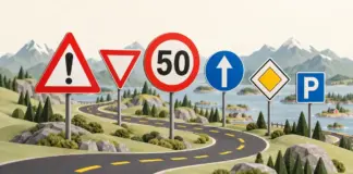 Trafikkskilt i Norge: slik forstår du alle skiltgruppene Illustrasjon av fareskilt, vikepliktskilt, fartsgrense 50, påbudt kjøreretning, forkjørsvei og parkeringsskilt langs en svingete vei i et norsk fjordlandskap.